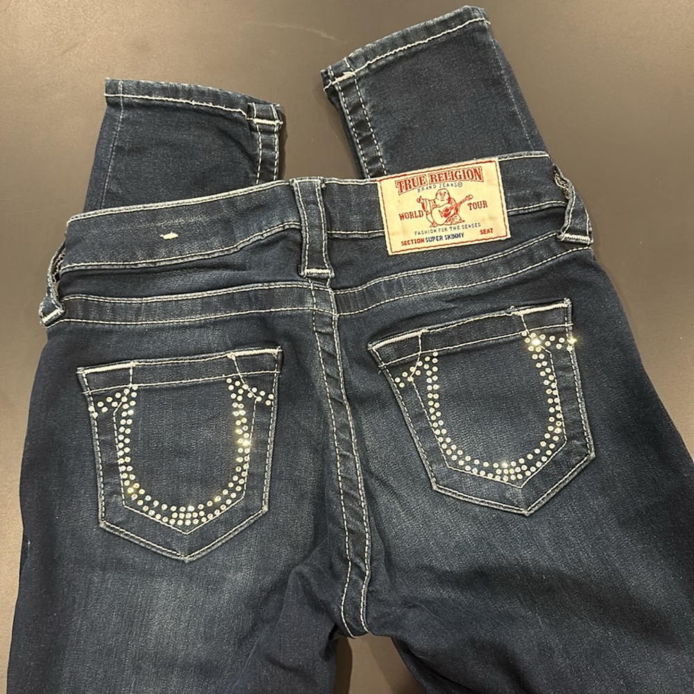 True Religion Rhinestone Logo Dark Wash Skinny Jeans